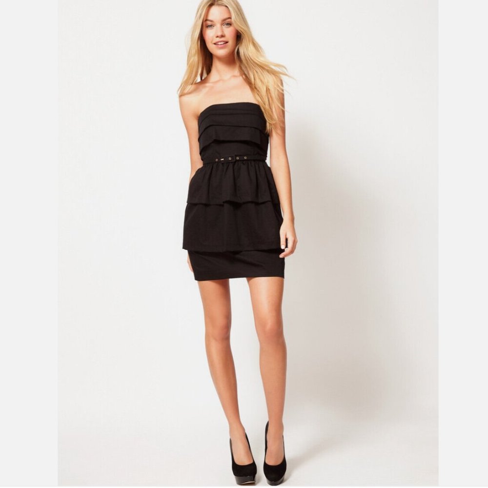 NWT Strapless FCUK Belted Ruffle Black Dress